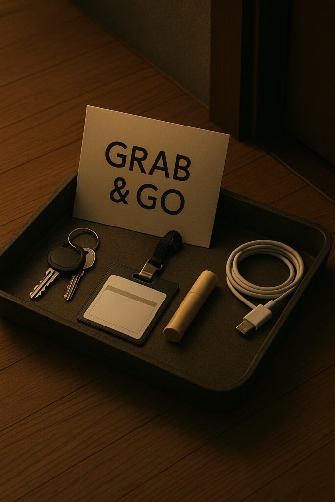 Tray with labeled essentials like keys, ID card, lip balm, and USB cable near a door with a sign reading 'Grab & Go' under warm lighting